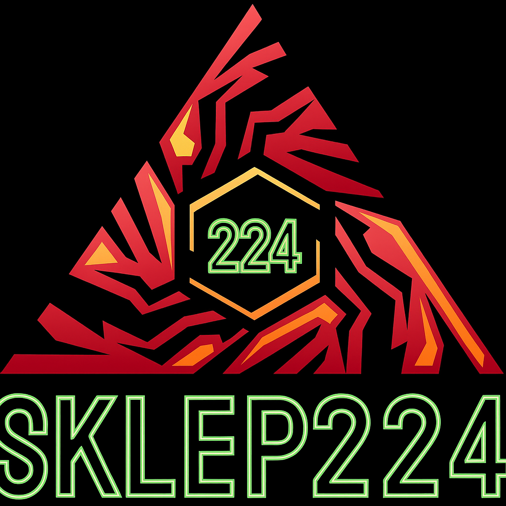 „Logo Sklep224 przedstawiające czerwono-pomarańczowy trójkąt z geometrycznymi wzorami przypominającymi zarys tygrysa lub płomienie. W jego środku znajduje się zielony napis '224' wpisany w sześciokąt, a pod spodem neonowy napis 'SKLEP224' na czarnym tle.”