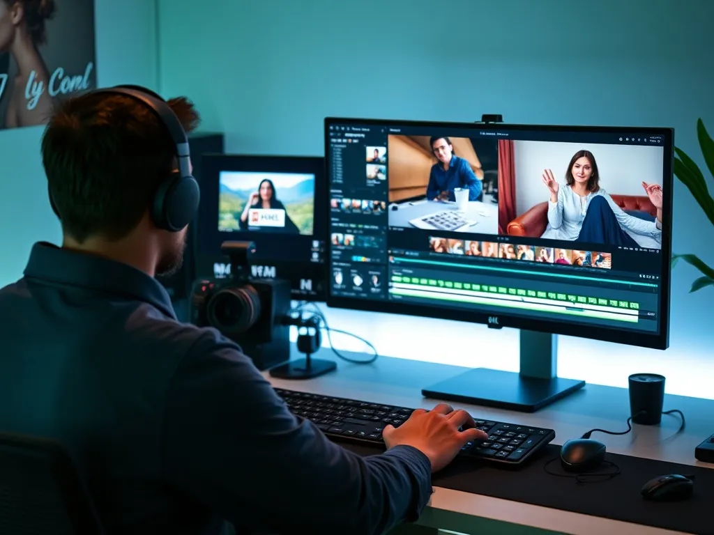 Osoba montująca film na zamówienie przy nowoczesnym biurku. Na ekranie widoczna oś czasu z ujęciami w programie do edycji wideo. Profesjonalne, skupione środowisko pracy z dwoma monitorami i słuchawkami.