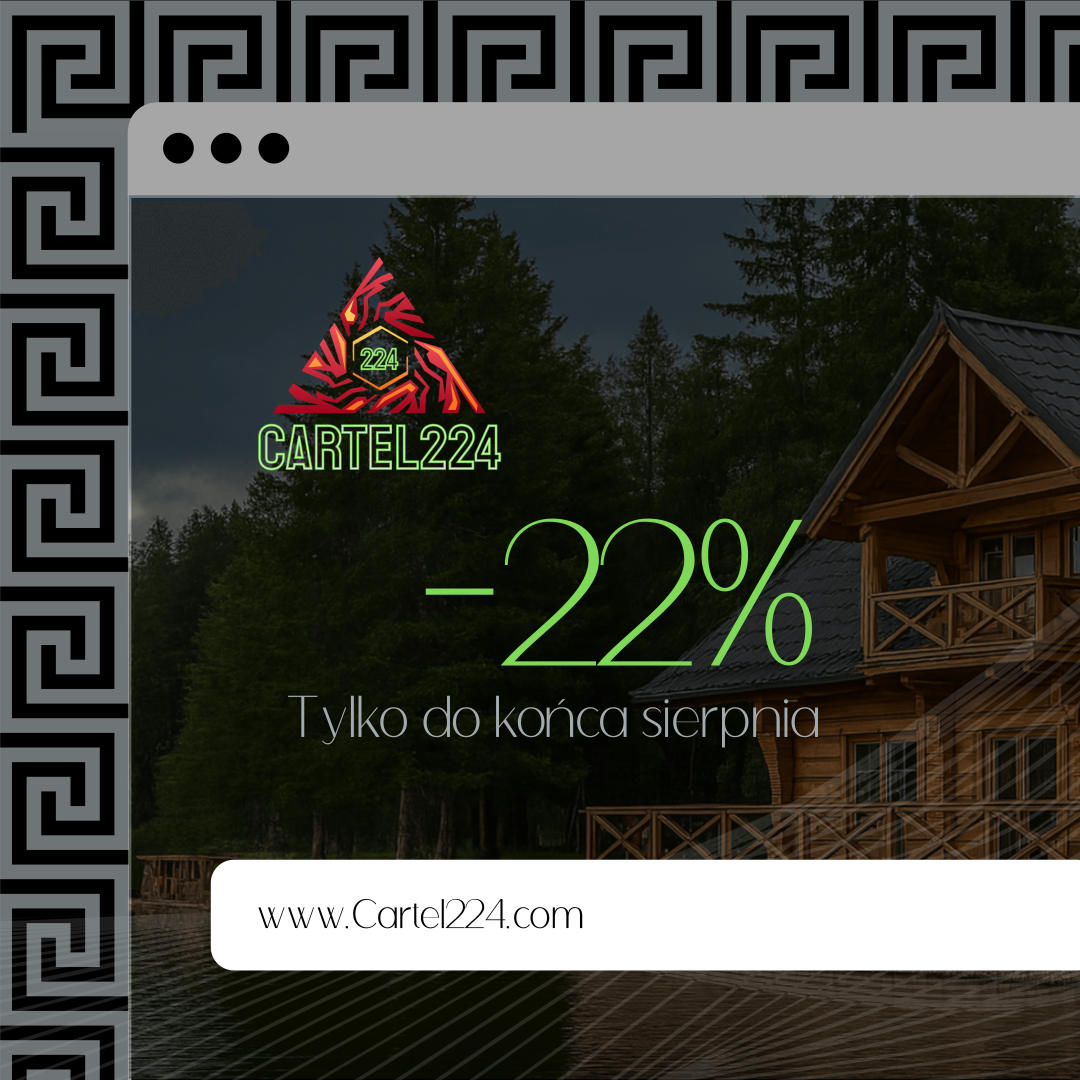 Grafika promocyjna agencja marketingowa Cartel224 – zniżka -22% na tworzenie stron internetowych dla domków letniskowych