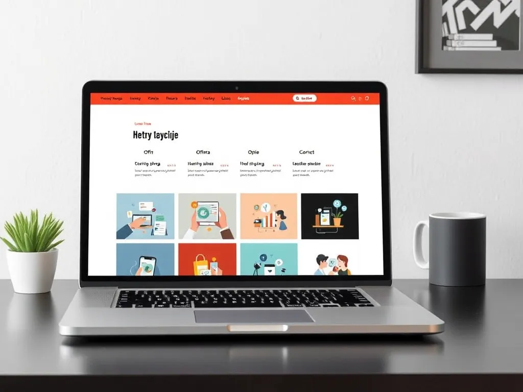 Laptop z otwartą strona internetowa przedstawiającą strukturę witryny z zakładkami: Strona główna, O nas, Usługi, Kontakt.