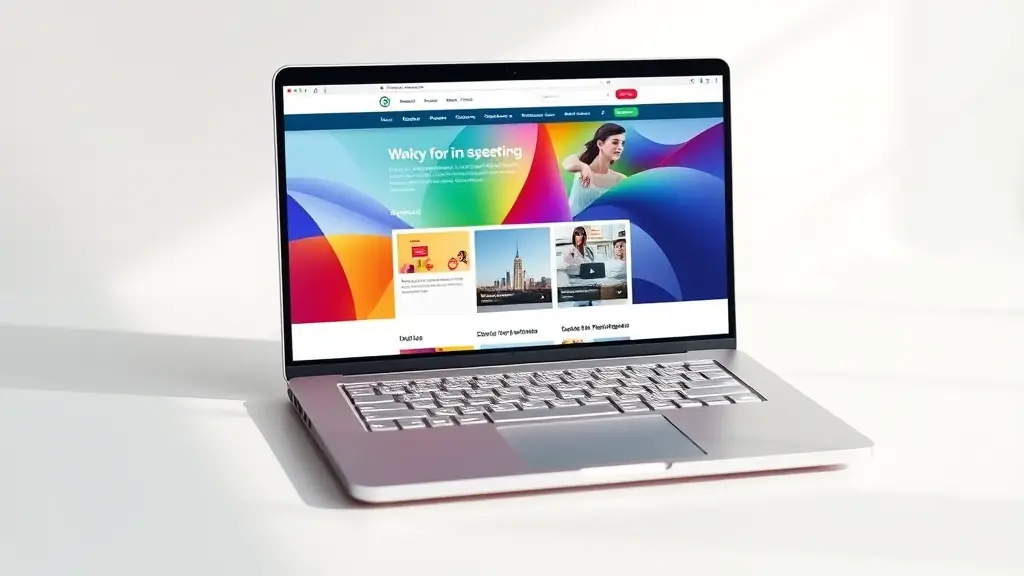 Laptop z kolorową wizualizacją strona internetowa prezentującej nowoczesny projekt graficzny i układ sekcji.